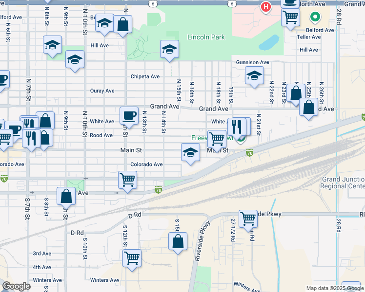 map of restaurants, bars, coffee shops, grocery stores, and more near 1508 Main Street in Grand Junction