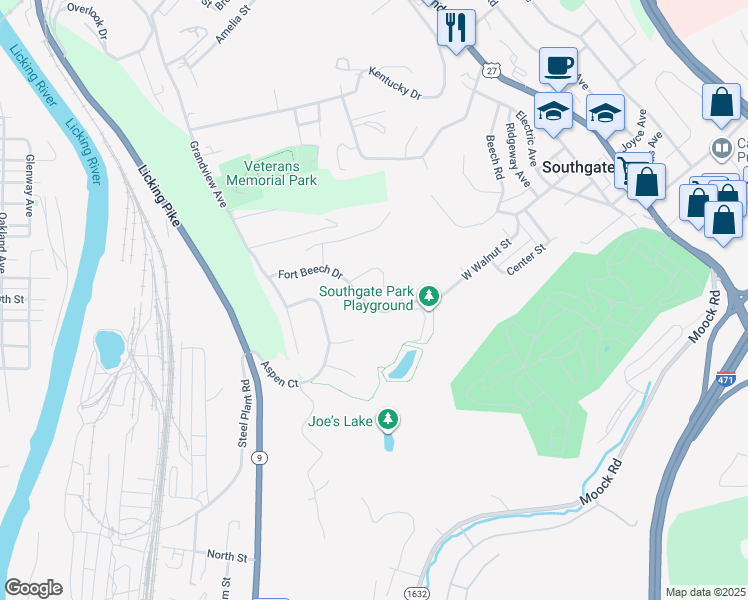 map of restaurants, bars, coffee shops, grocery stores, and more near 100 Fort Beech Drive in Southgate