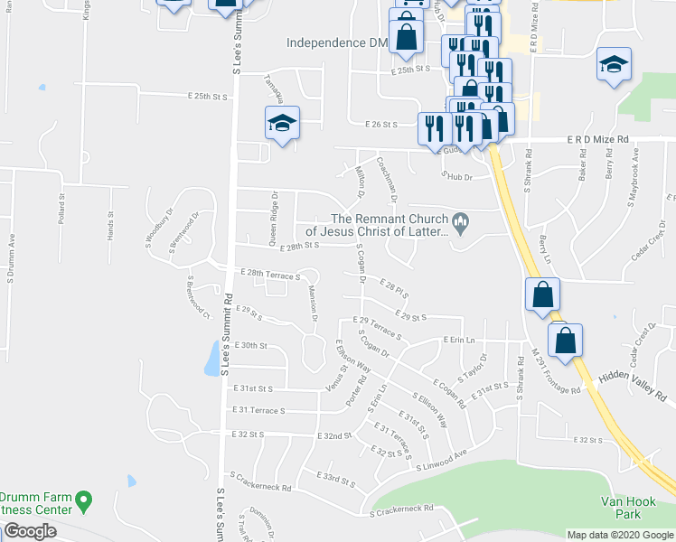 map of restaurants, bars, coffee shops, grocery stores, and more near 16423 East 28th Terrace Court in Independence
