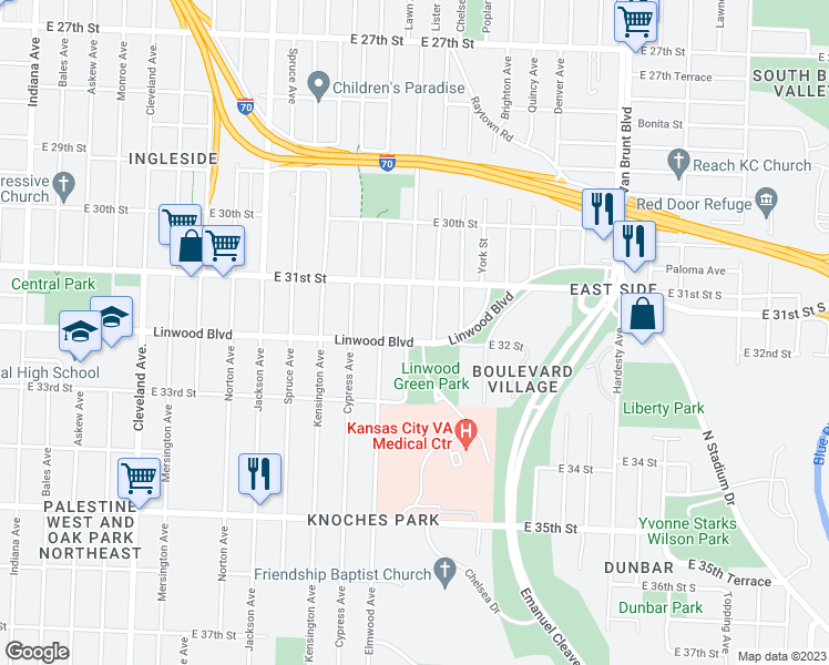 map of restaurants, bars, coffee shops, grocery stores, and more near 4800 Linwood Boulevard in Kansas City