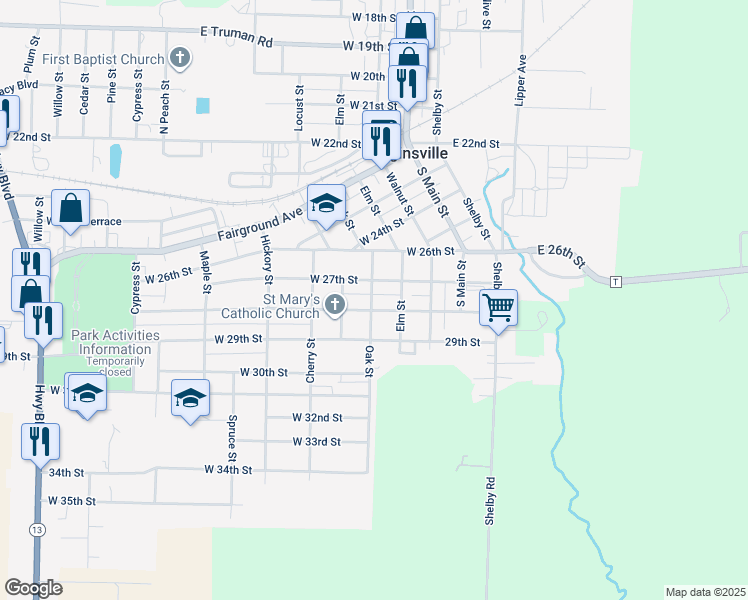 map of restaurants, bars, coffee shops, grocery stores, and more near 2703 Oak Street in Higginsville