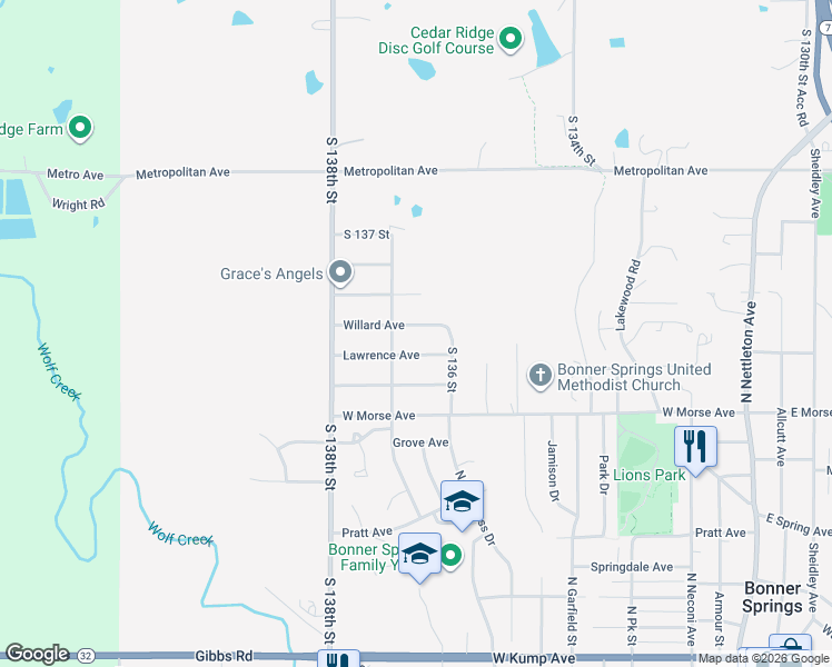 map of restaurants, bars, coffee shops, grocery stores, and more near 13615 Willard Avenue in Bonner Springs