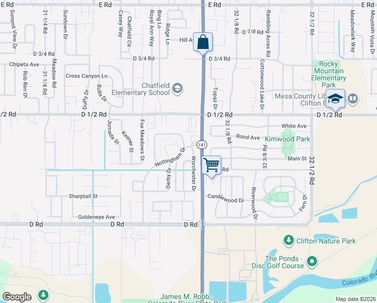 map of restaurants, bars, coffee shops, grocery stores, and more near 435 32 Road in Clifton