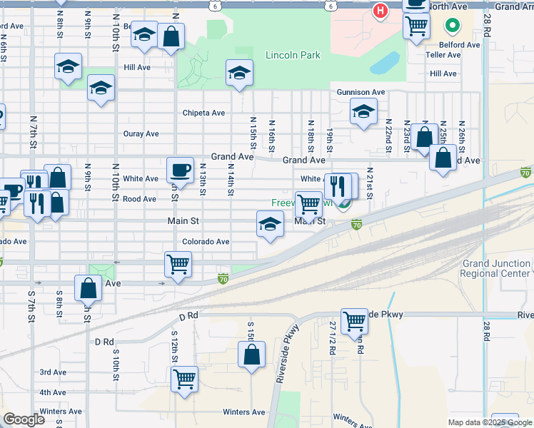 map of restaurants, bars, coffee shops, grocery stores, and more near 1508 Main Street in Grand Junction
