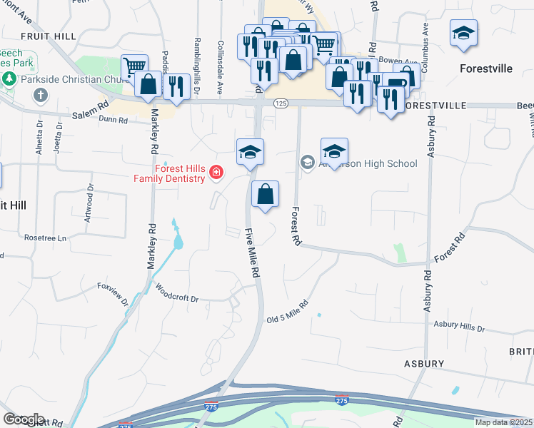 map of restaurants, bars, coffee shops, grocery stores, and more near 7621 Forest Road in Cincinnati