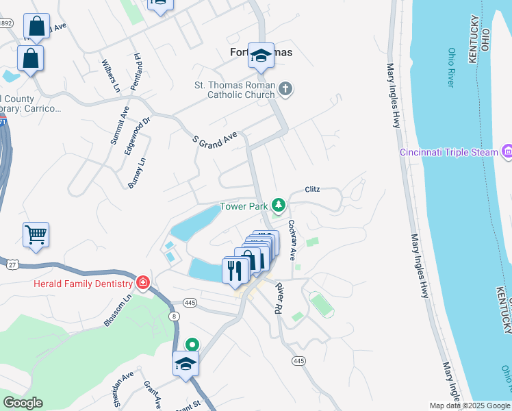 map of restaurants, bars, coffee shops, grocery stores, and more near 835 South Fort Thomas Avenue in Fort Thomas