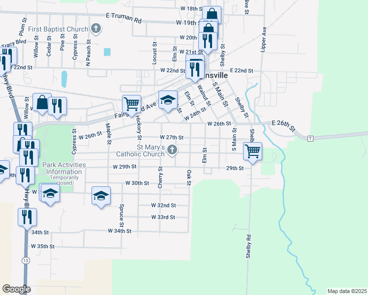 map of restaurants, bars, coffee shops, grocery stores, and more near 2703 Oak Street in Higginsville