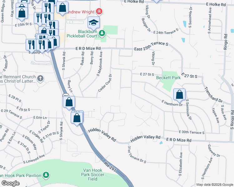 map of restaurants, bars, coffee shops, grocery stores, and more near 2804 South Whitney Avenue in Independence