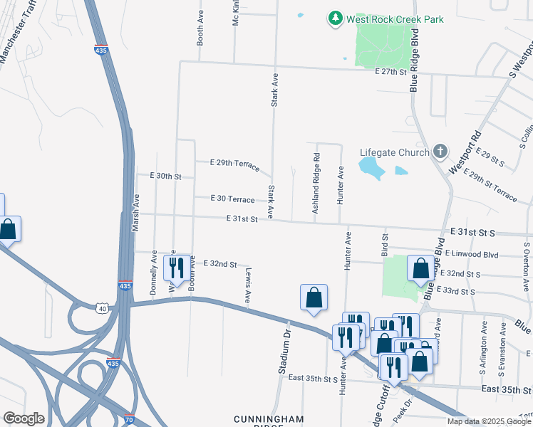 map of restaurants, bars, coffee shops, grocery stores, and more near 3019 Stark Avenue in Kansas City