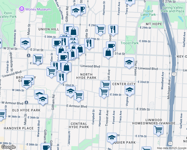 map of restaurants, bars, coffee shops, grocery stores, and more near 3234 Harrison Street in Kansas City