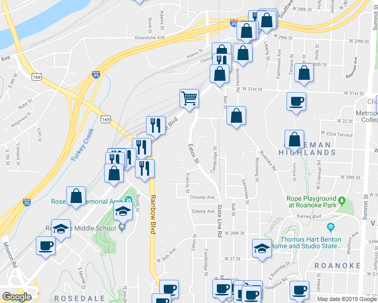 map of restaurants, bars, coffee shops, grocery stores, and more near 2943 Eaton Street in Kansas City