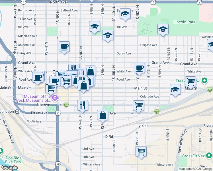 map of restaurants, bars, coffee shops, grocery stores, and more near 946 Main Street in Grand Junction