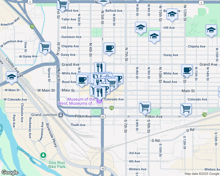map of restaurants, bars, coffee shops, grocery stores, and more near 115 North 5th Street in Grand Junction