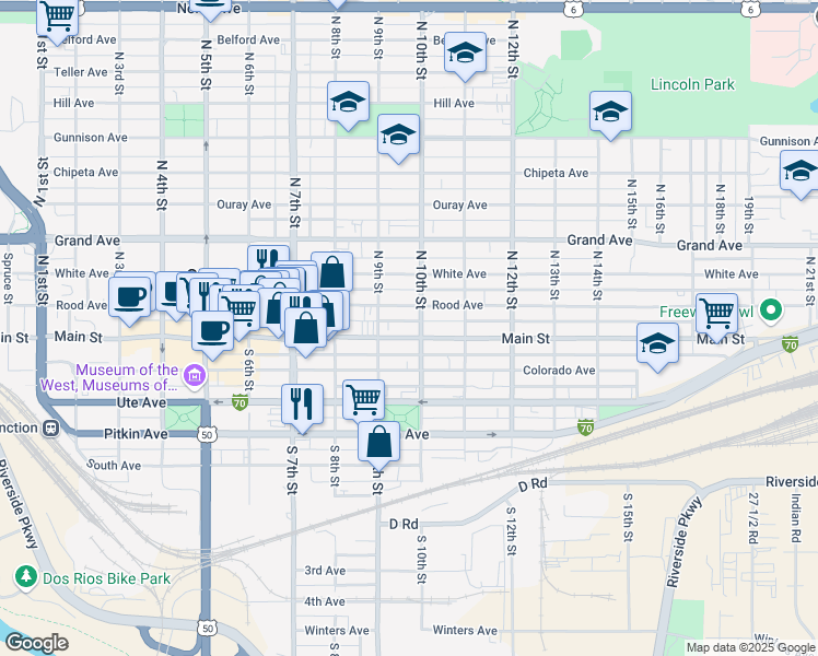 map of restaurants, bars, coffee shops, grocery stores, and more near 946 Main Street in Grand Junction