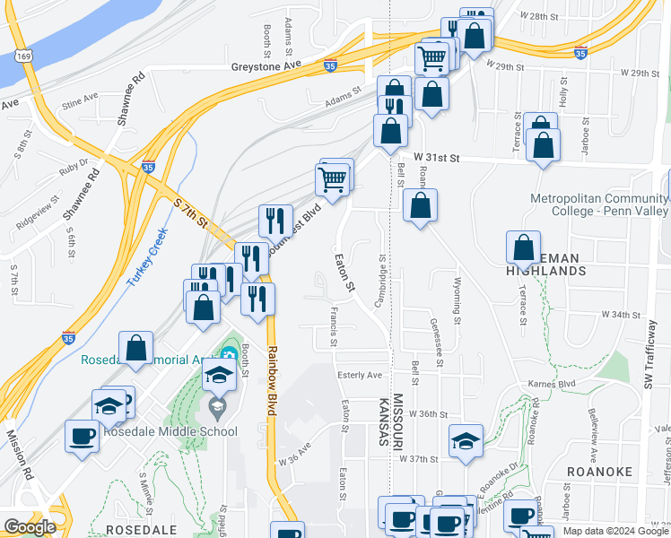 map of restaurants, bars, coffee shops, grocery stores, and more near 2943 Eaton Street in Kansas City