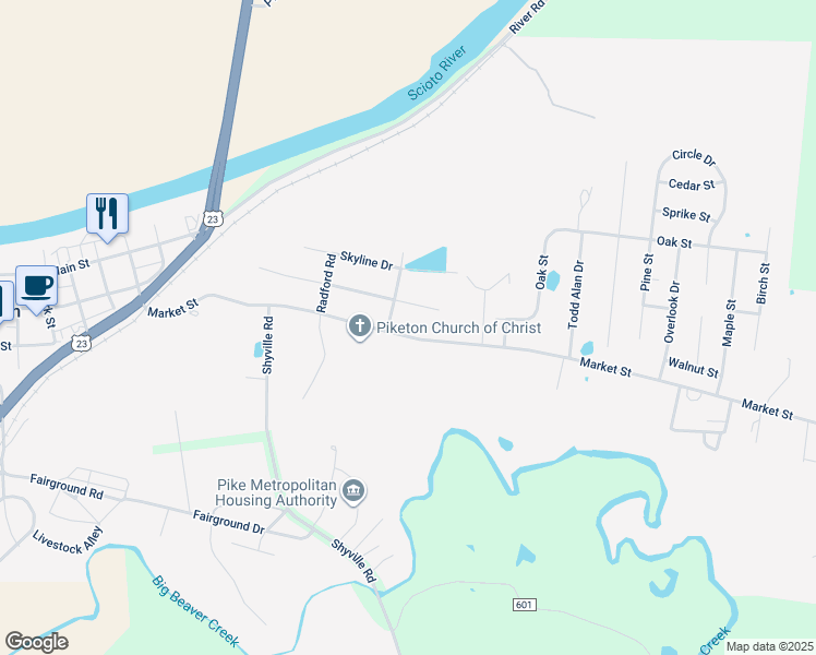 map of restaurants, bars, coffee shops, grocery stores, and more near 509 Market Street in Piketon