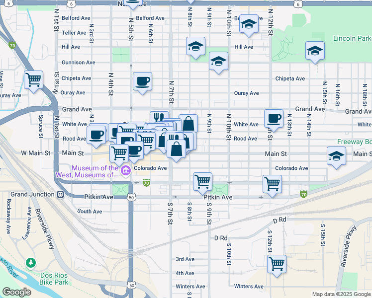 map of restaurants, bars, coffee shops, grocery stores, and more near 750 Main Street in Grand Junction