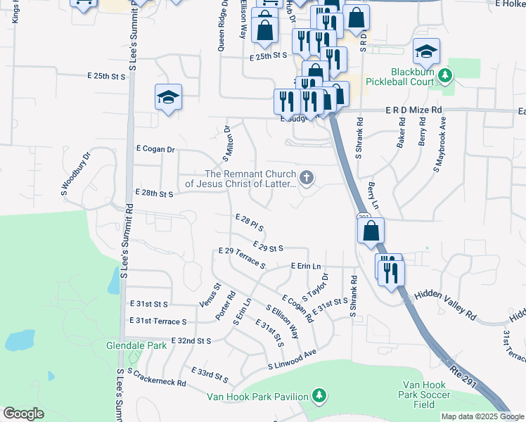 map of restaurants, bars, coffee shops, grocery stores, and more near 2764 South Coachman Drive in Independence
