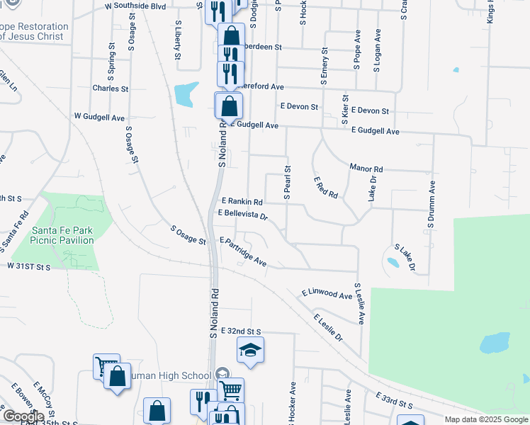 map of restaurants, bars, coffee shops, grocery stores, and more near 316 East Bellevista Drive in Independence