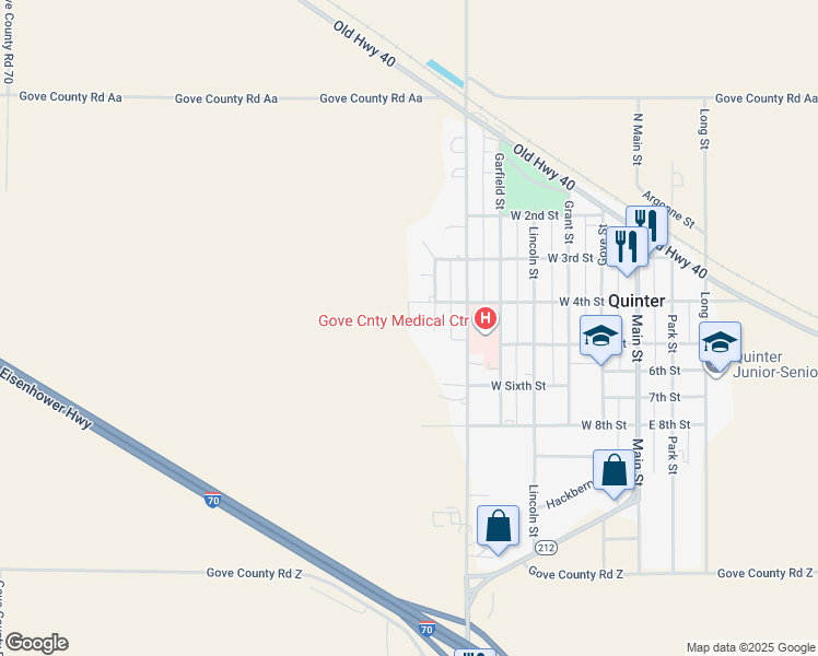 map of restaurants, bars, coffee shops, grocery stores, and more near 414 Parkview Court in Quinter
