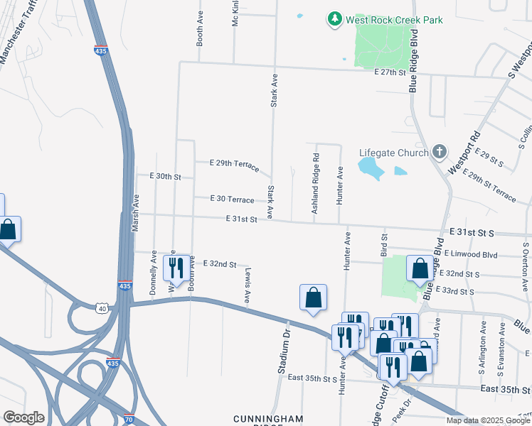 map of restaurants, bars, coffee shops, grocery stores, and more near 3019 Stark Avenue in Kansas City