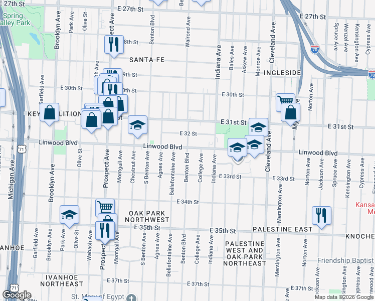 map of restaurants, bars, coffee shops, grocery stores, and more near Benton Boulevard in Kansas City