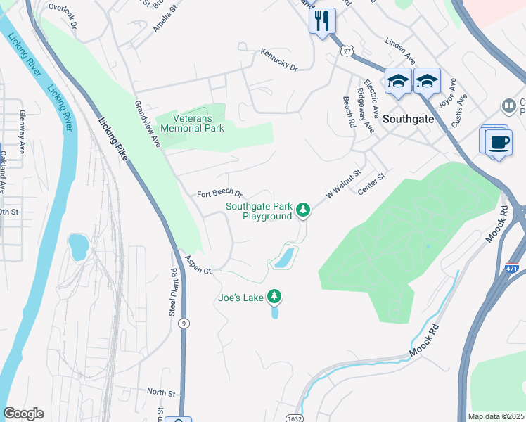 map of restaurants, bars, coffee shops, grocery stores, and more near 100 Fort Beech Drive in Southgate