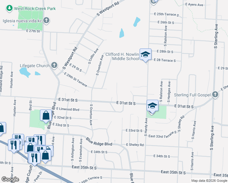 map of restaurants, bars, coffee shops, grocery stores, and more near 9930 East 31st Street South in Independence