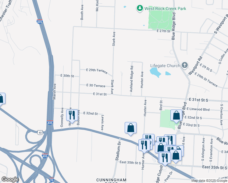 map of restaurants, bars, coffee shops, grocery stores, and more near 3019 Stark Avenue in Kansas City