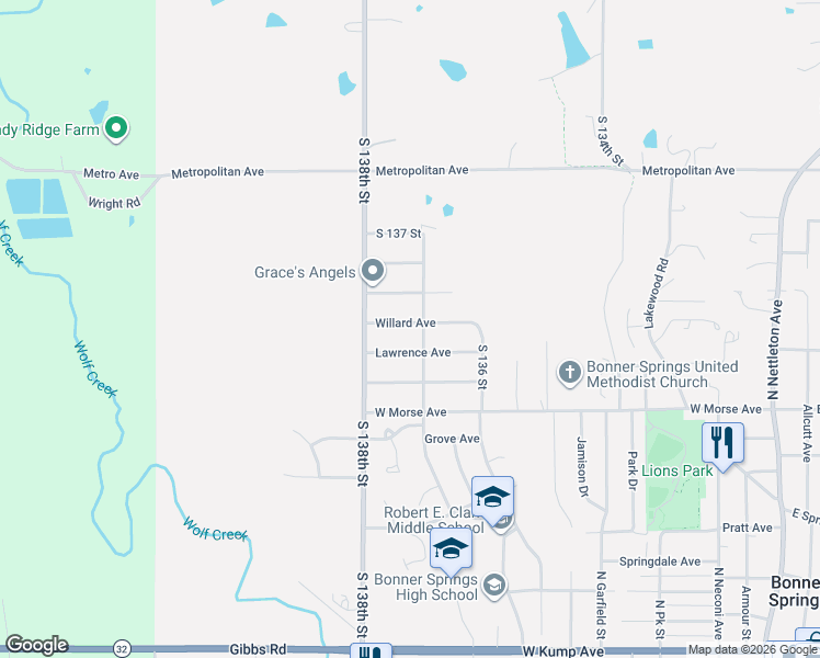 map of restaurants, bars, coffee shops, grocery stores, and more near 13721 Willard Avenue in Bonner Springs
