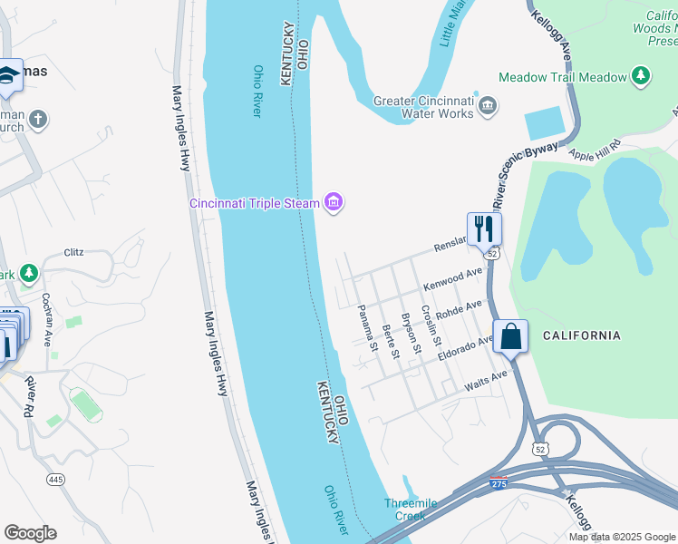 map of restaurants, bars, coffee shops, grocery stores, and more near 5731 Panama Street in Cincinnati