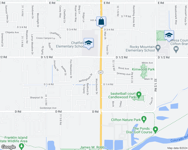 map of restaurants, bars, coffee shops, grocery stores, and more near 435 32 Road in Clifton