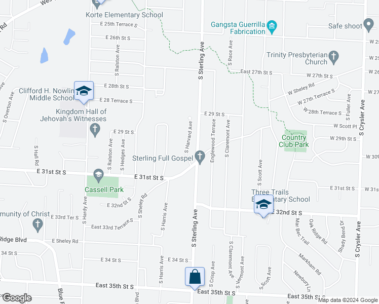 map of restaurants, bars, coffee shops, grocery stores, and more near 2933 South Harvard Avenue in Independence
