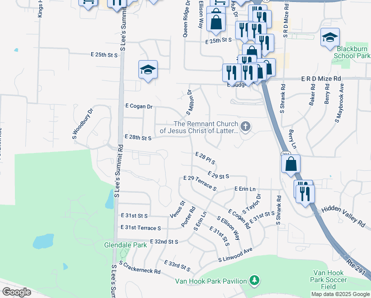 map of restaurants, bars, coffee shops, grocery stores, and more near 16423 East 28th Terrace Court in Independence