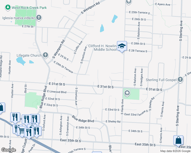 map of restaurants, bars, coffee shops, grocery stores, and more near 9930 East 31st Street South in Independence