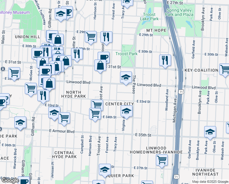 map of restaurants, bars, coffee shops, grocery stores, and more near 3227 Tracy Avenue in Kansas City