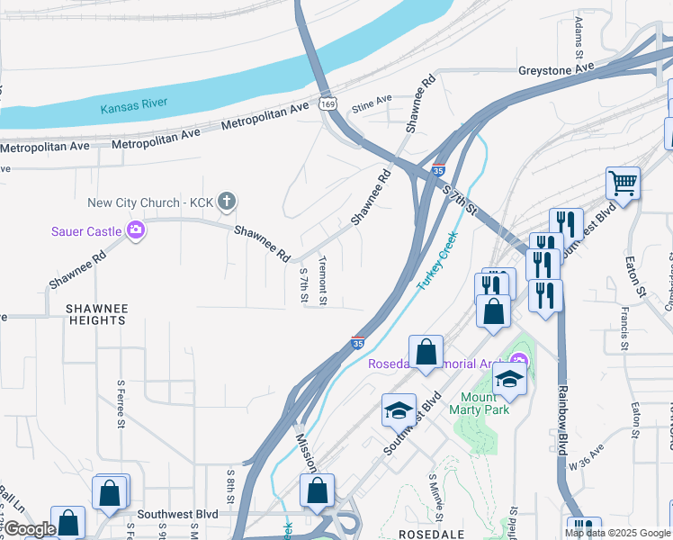 map of restaurants, bars, coffee shops, grocery stores, and more near 1858 South Street Paul Street in Kansas City