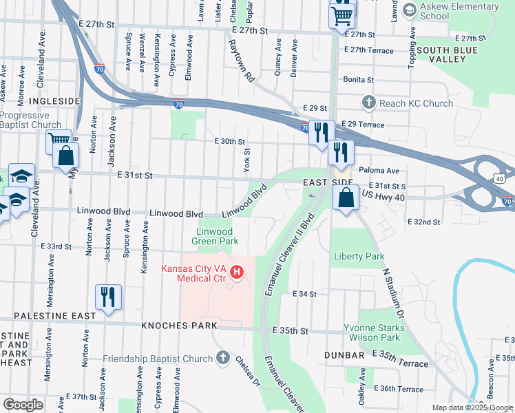 map of restaurants, bars, coffee shops, grocery stores, and more near 5015 Linwood Boulevard in Kansas City