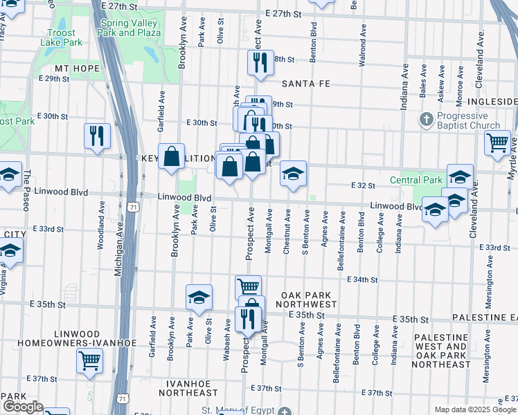 map of restaurants, bars, coffee shops, grocery stores, and more near 3201 Prospect Avenue in Kansas City