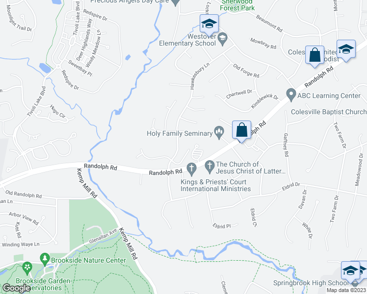 map of restaurants, bars, coffee shops, grocery stores, and more near 611 Brandon Green Drive in Silver Spring