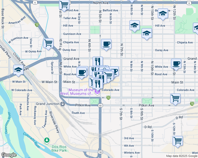 map of restaurants, bars, coffee shops, grocery stores, and more near 115 North 5th Street in Grand Junction