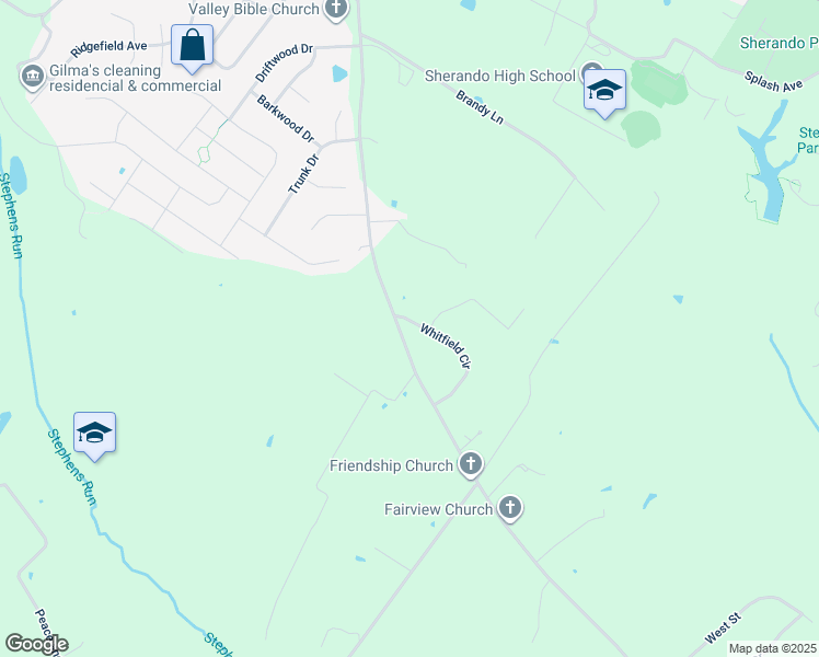 map of restaurants, bars, coffee shops, grocery stores, and more near 123 Whitfield Circle in Stephens City