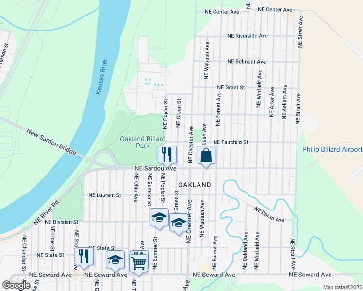 map of restaurants, bars, coffee shops, grocery stores, and more near 842 Northeast Green Street in Topeka