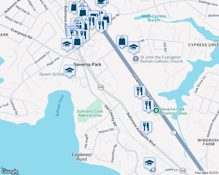 map of restaurants, bars, coffee shops, grocery stores, and more near 758 Trenton Avenue in Severna Park