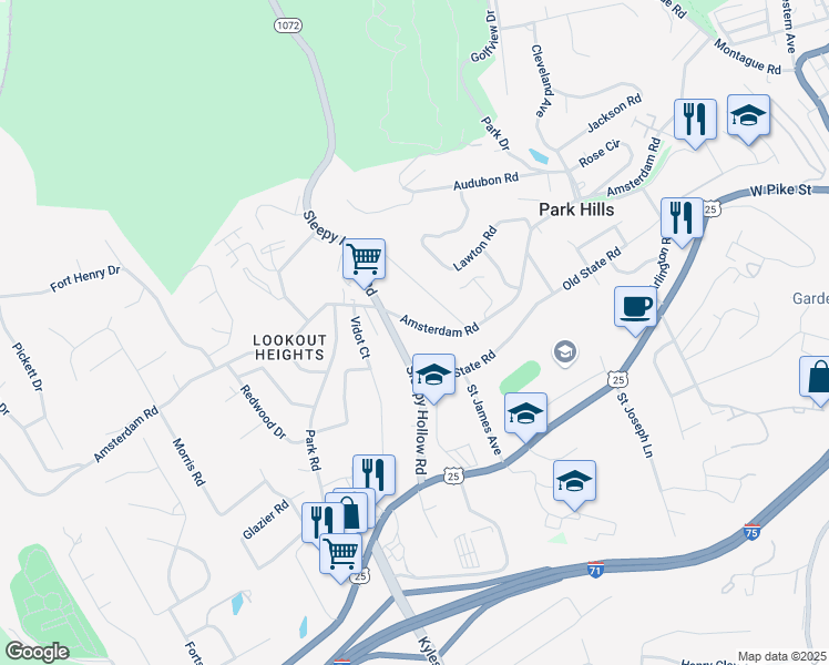 map of restaurants, bars, coffee shops, grocery stores, and more near 1423 Amsterdam Road in Park Hills