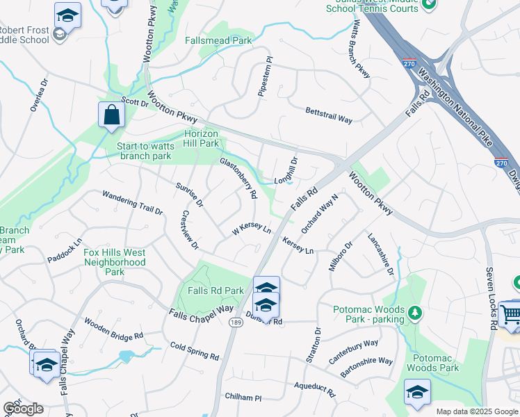 map of restaurants, bars, coffee shops, grocery stores, and more near 1709 Glastonberry Road in Rockville