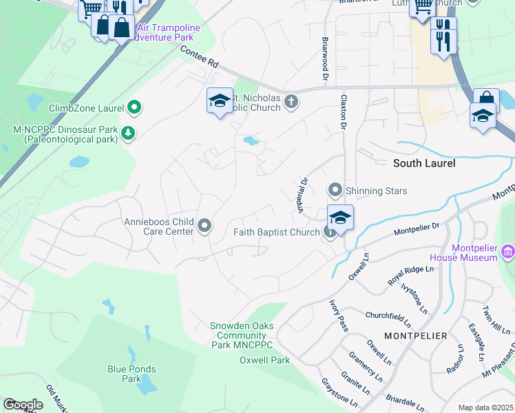 map of restaurants, bars, coffee shops, grocery stores, and more near 8424 Oak Stream Drive in Laurel