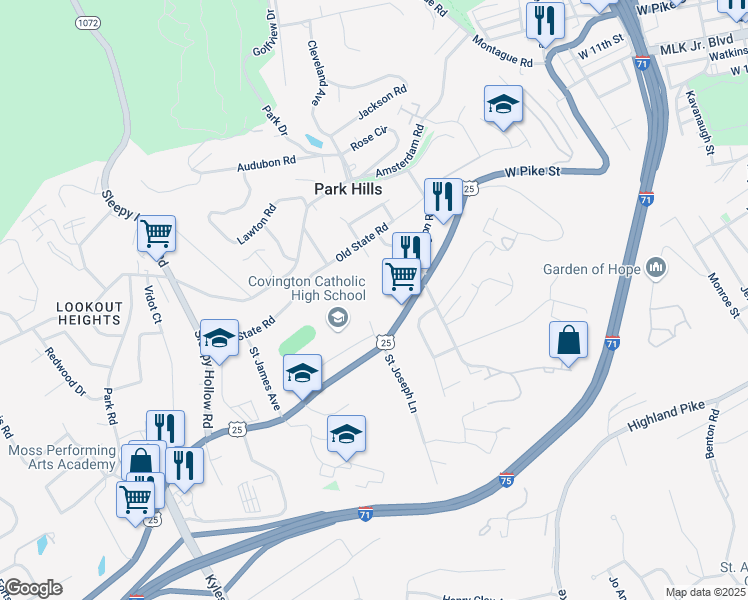 map of restaurants, bars, coffee shops, grocery stores, and more near 1520 Dixie Highway in Park Hills