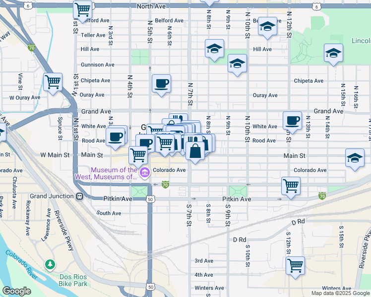 map of restaurants, bars, coffee shops, grocery stores, and more near 119 North 7th Street in Grand Junction