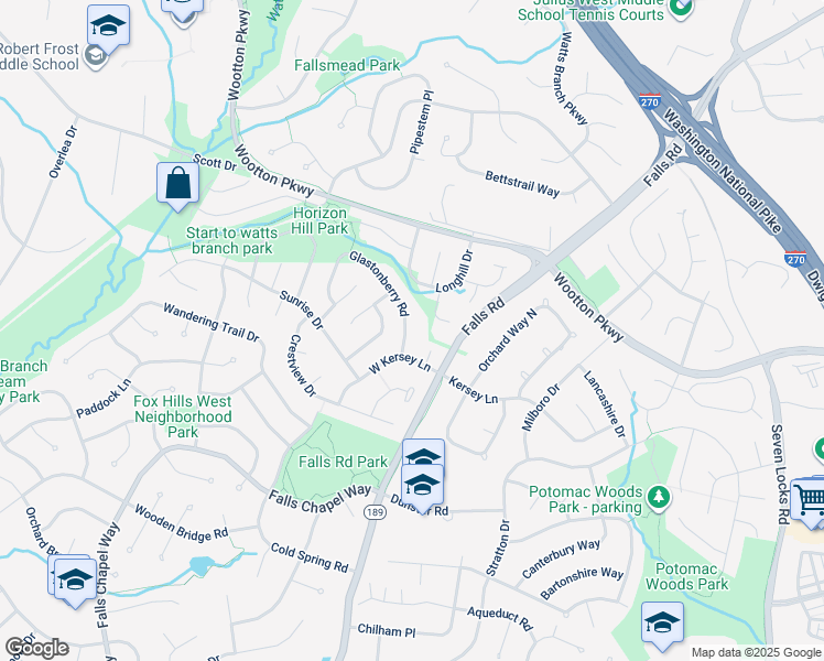 map of restaurants, bars, coffee shops, grocery stores, and more near 1709 Glastonberry Road in Rockville